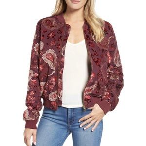 KAS New York Burgundy Velvet Paisley Ashlyn Burnout Bomber Jacket Size Medium